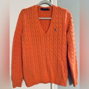 Ralph Lauren Sport Sweater Orange Cable Knit Vintage Green Pony Classic Sz Large